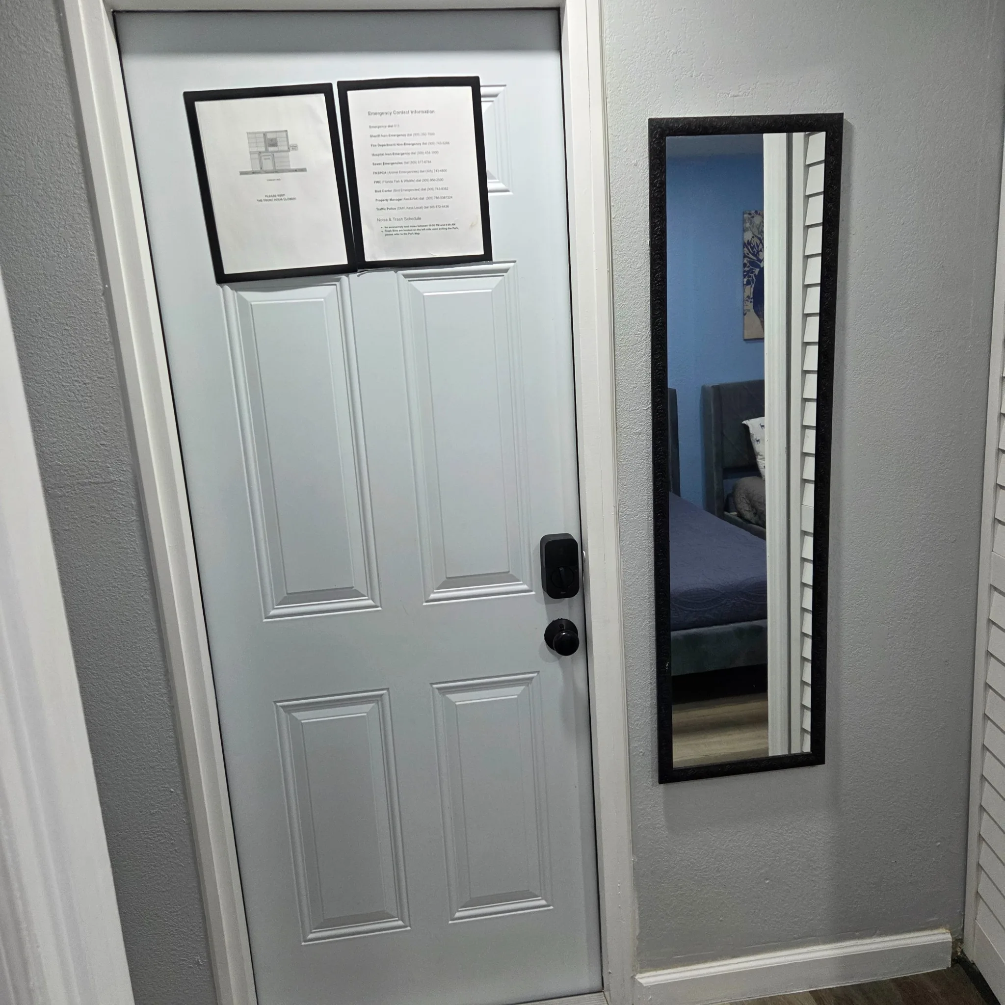 Original Interior hallway with a white door and narrow wall mirror reflecting a bedroom, featuring gray walls and wooden flooring.