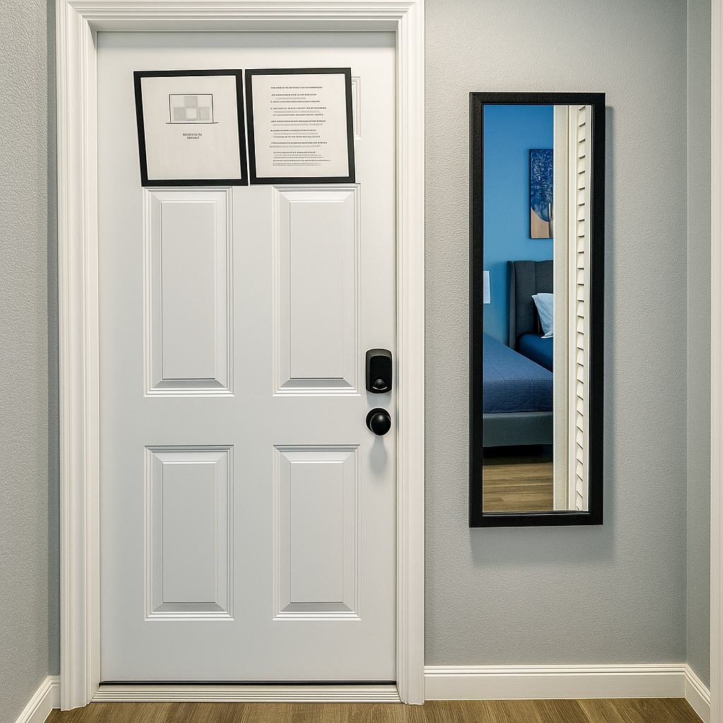 Enhanced Interior hallway with a white door and narrow wall mirror reflecting a bedroom, featuring gray walls and wooden flooring.