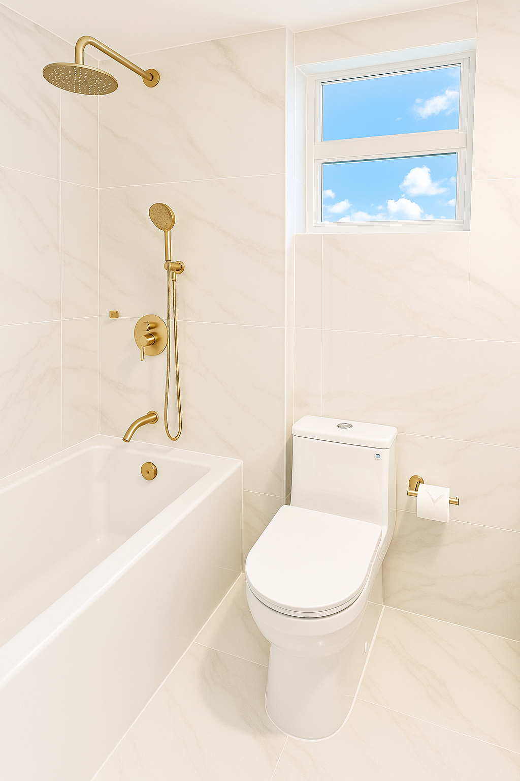 Enhanced Real estate property photo: The photo showcases a bathroom with clean white tiling and modern fixtures under soft natural light. The image appears slightly underexposed, causing the details in the shadows to be less visible, and there is a slight cool tone present in the lighting. Enhancements will focus on improving the overall brightness, adjusting the contrast for clarity, and correcting the white balance to achieve a more natural, inviting look.