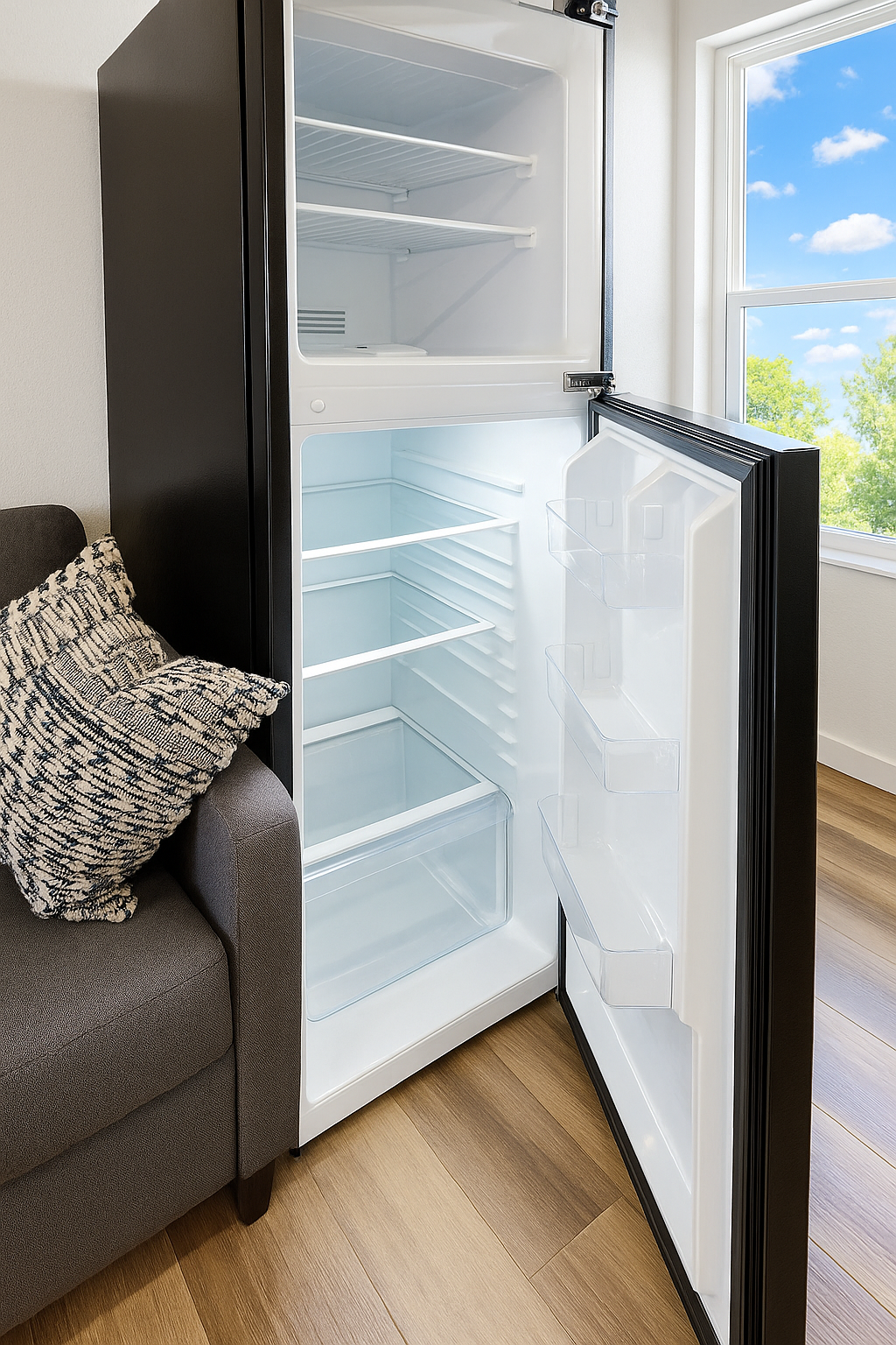 Enhanced Open refrigerator next to a sofa with a decorative pillow on a room with wooden floor.