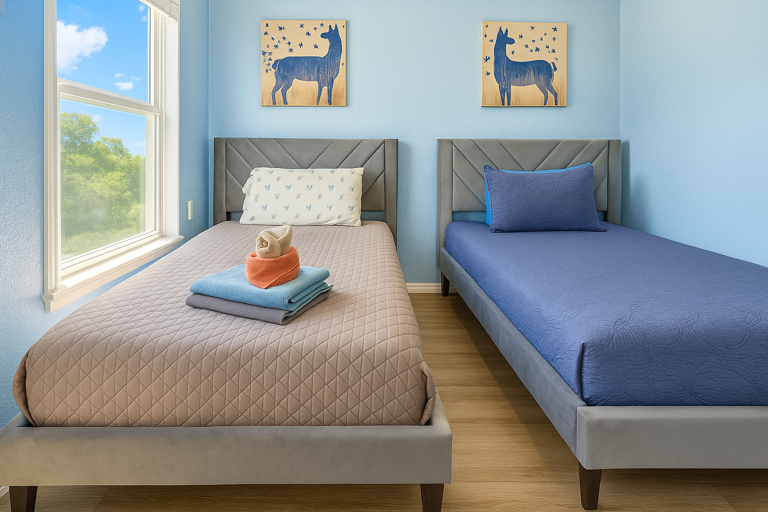 Enhanced Small bedroom with two single beds, gray headboards, and simple decor.