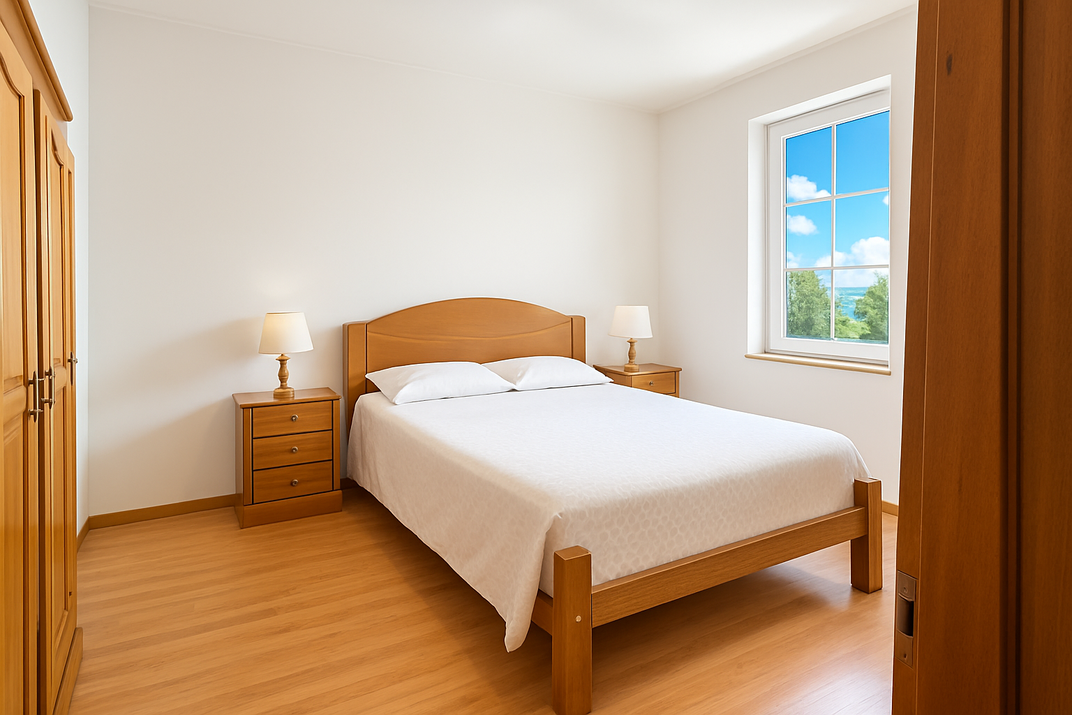 Enhanced Real estate property photo: The photo depicts a bedroom with adequate lighting but slightly underexposed corners. The wood tones of the furniture blend with the neutral walls, requiring enhanced contrast and brightness to highlight the details. Applying a slight increase in saturation will bring warmth without compromising the neutral tone necessary for MLS compliance.