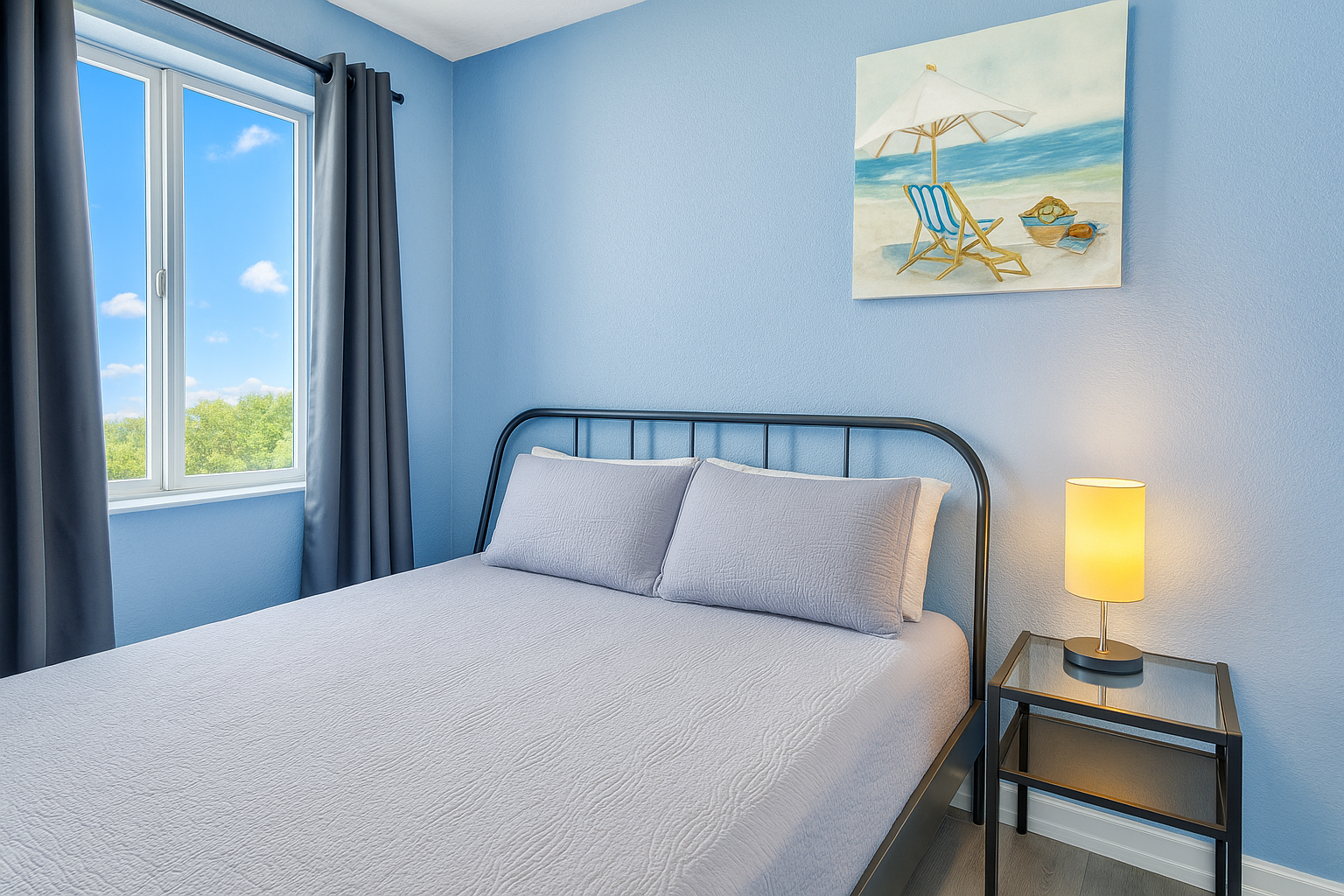 Enhanced Cozy bedroom with a metal bed frame, soft bedding, a painting, and a lit bedside lamp on a table.