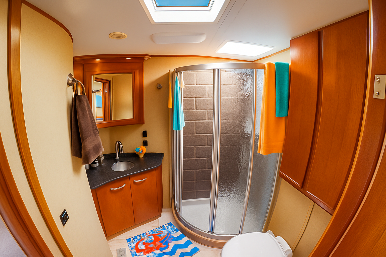 Enhanced Real estate property photo: The image is of a small bathroom with wood cabinets and a glass shower. The lighting is uneven with bright light from a skylight, causing some shadows and overexposed areas. The photo would benefit from adjustments to enhance overall clarity and balance the lighting.