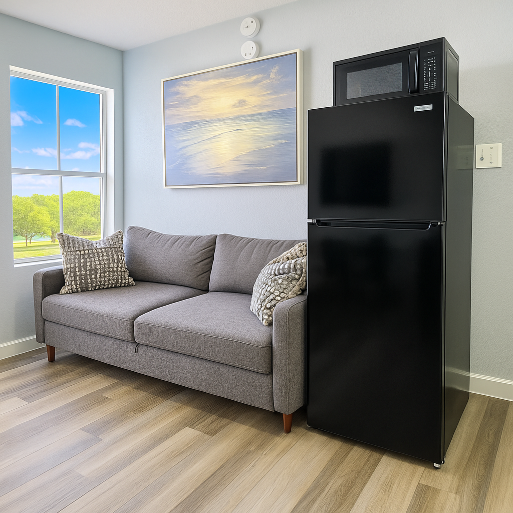 Enhanced Small living area with a gray sofa, decorative pillows, a fridge, and wall art under natural light from a window.
