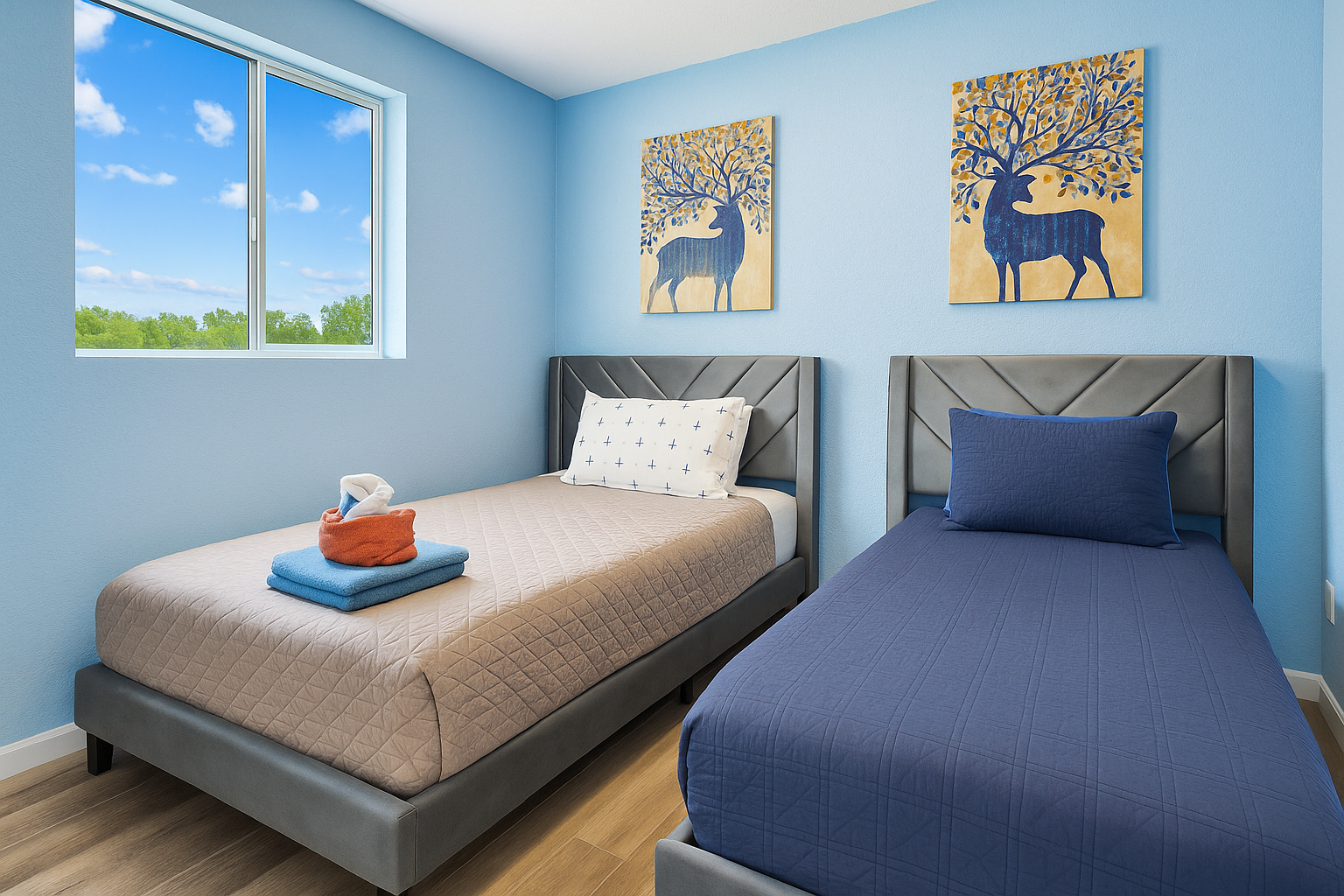 Enhanced Bedroom with two single beds, blue walls, and decorative wall art above the beds.
