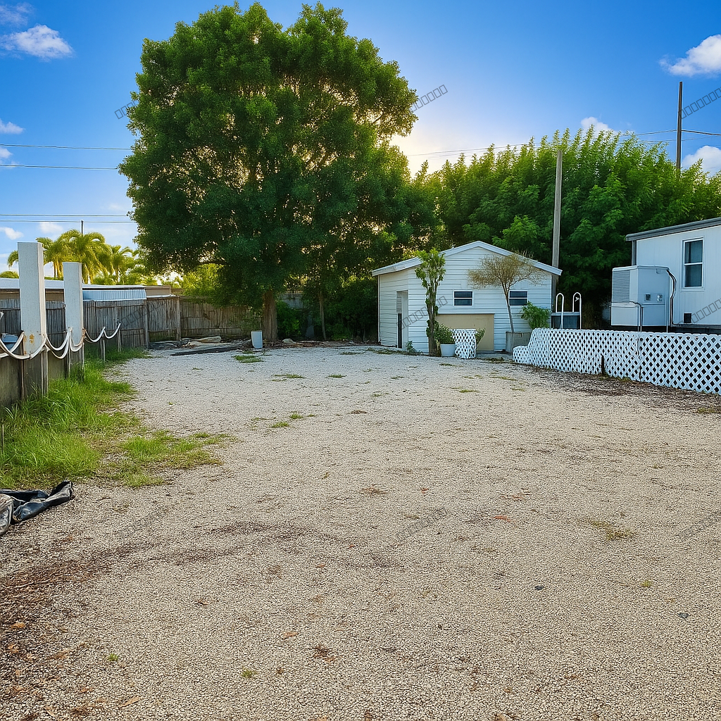 Enhanced Outdoor gravel area with surrounding trees, a small structure, and fencing, captured at dusk with muted lighting.