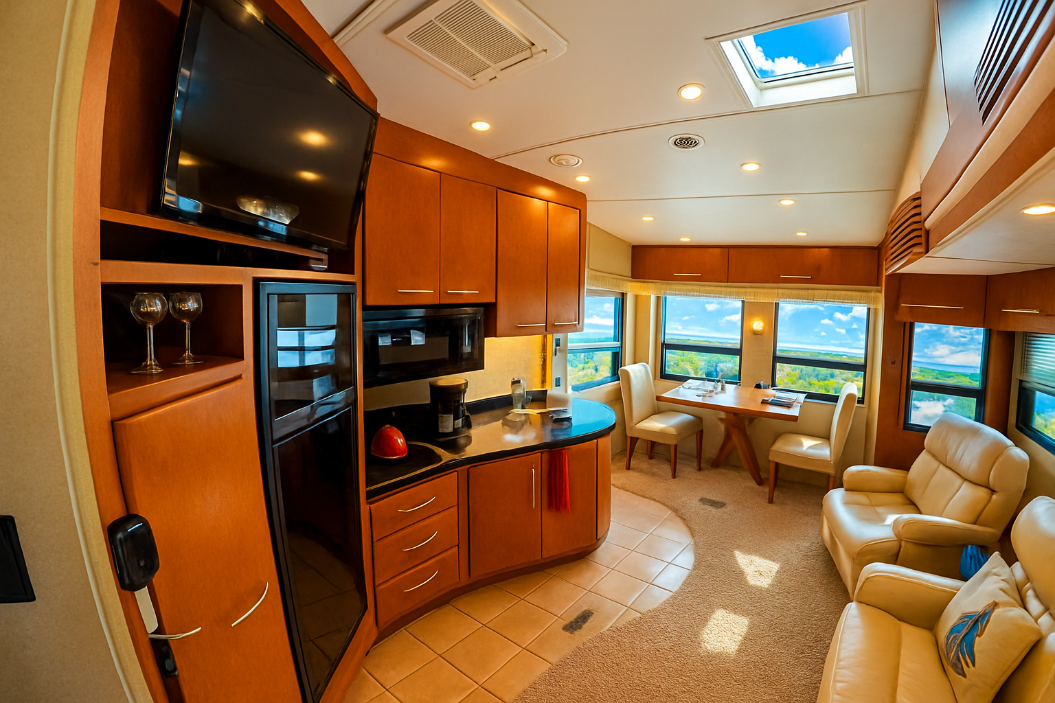 Enhanced Real estate property photo: The photo captures a compact kitchen and dining area within a recreational vehicle, featuring warm wood cabinetry and ample natural light. The image appears slightly overexposed with some areas lacking detail due to strong sunlight. To ensure MLS compliance, adjustments will focus on balancing brightness and contrast to enhance clarity while maintaining a natural appearance.