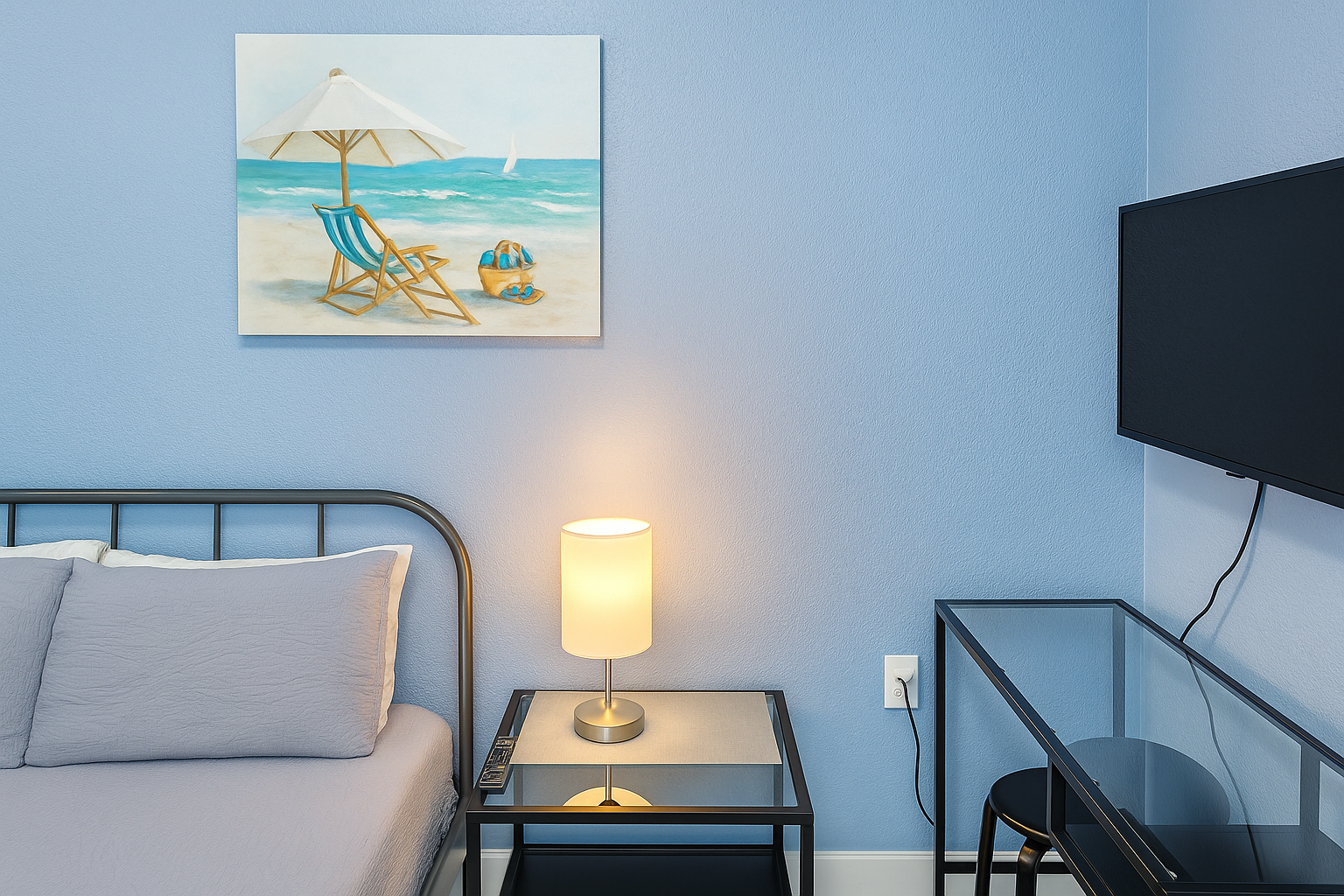 Enhanced Bedroom corner with a bed, side table, a lamp, wall art, and a mounted TV against blue walls.