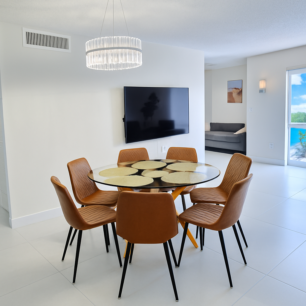 Enhanced Real estate property photo: The photo depicts a dining area with modern furnishings and a large wall-mounted TV. The lighting appears slightly dim with a cool cast, which can be enhanced for clarity and warmth. To achieve a natural and inviting look, adjustments to brightness and warmth will help balance the overall tone.