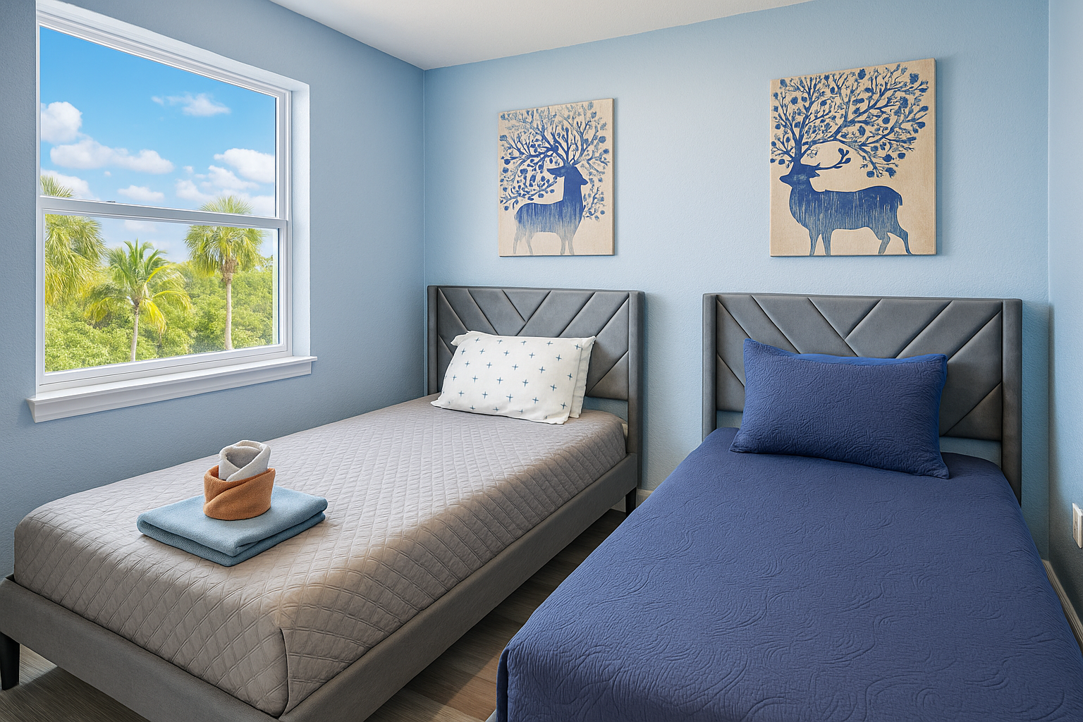 Enhanced Small bedroom with twin beds, blue walls, and decorative art featuring deer. The beds have matching gray and blue bedding.