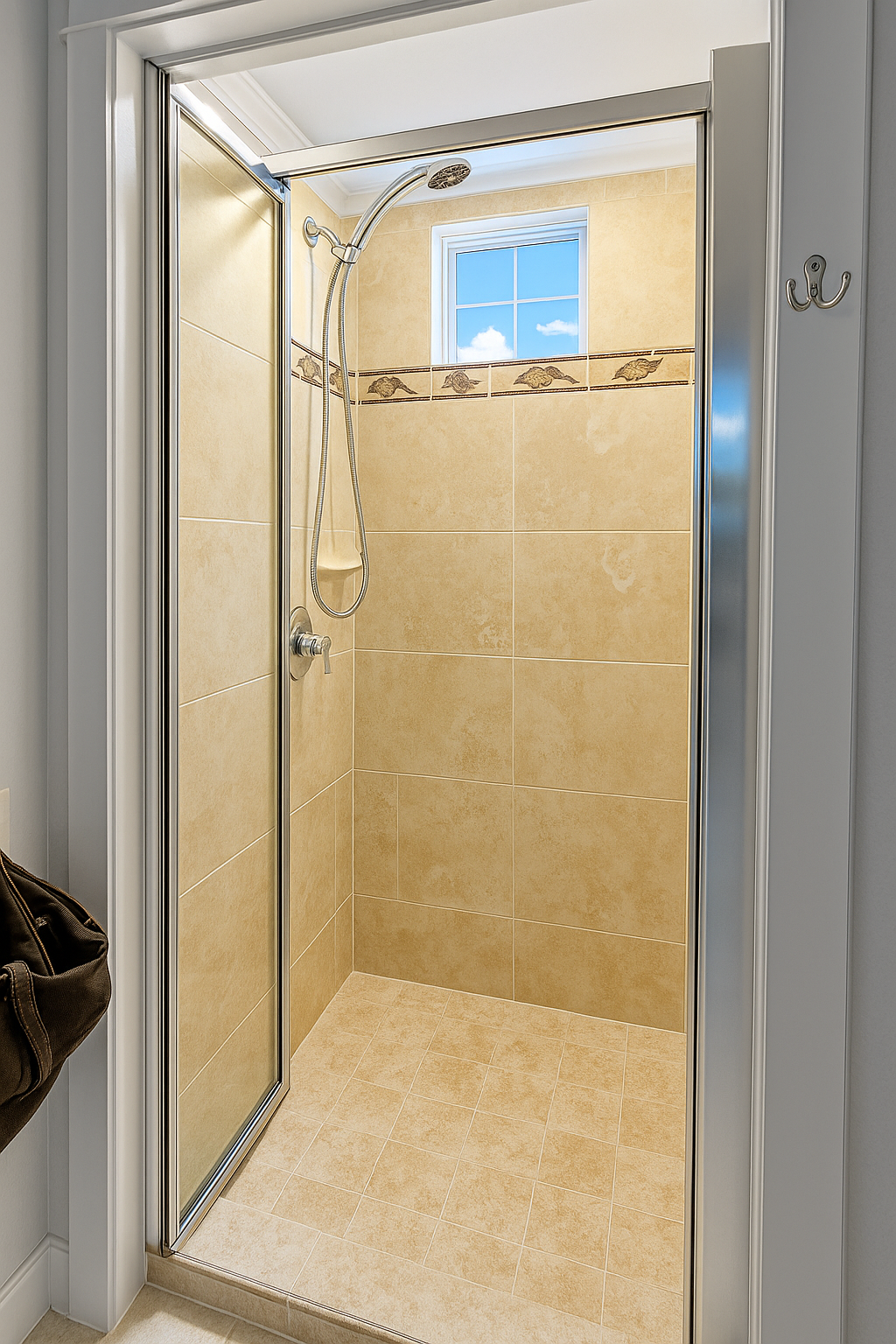 Enhanced Shower with beige tiles and metal shower head, partially enclosed by a glass door.
