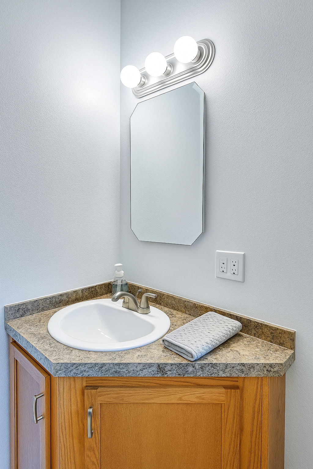Enhanced Bathroom vanity with a granite countertop, mirror, and light fixture. Includes a sink, faucet, and towel.
