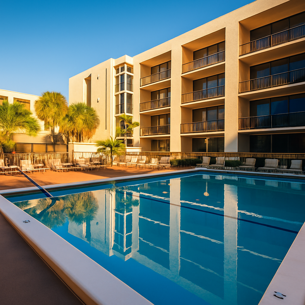 Enhanced Real estate property photo: The photo of the outdoor pool area features vibrant blues and natural greenery, complemented by ample natural light. To enhance the inviting nature suited for short-term rentals, we increase warmth to emphasize sunlight, slightly boost contrast for depth, and enhance saturation to highlight the vibrant pool and greenery. Adjustments will balance the bright areas and reduce the impact of shadows on the building.