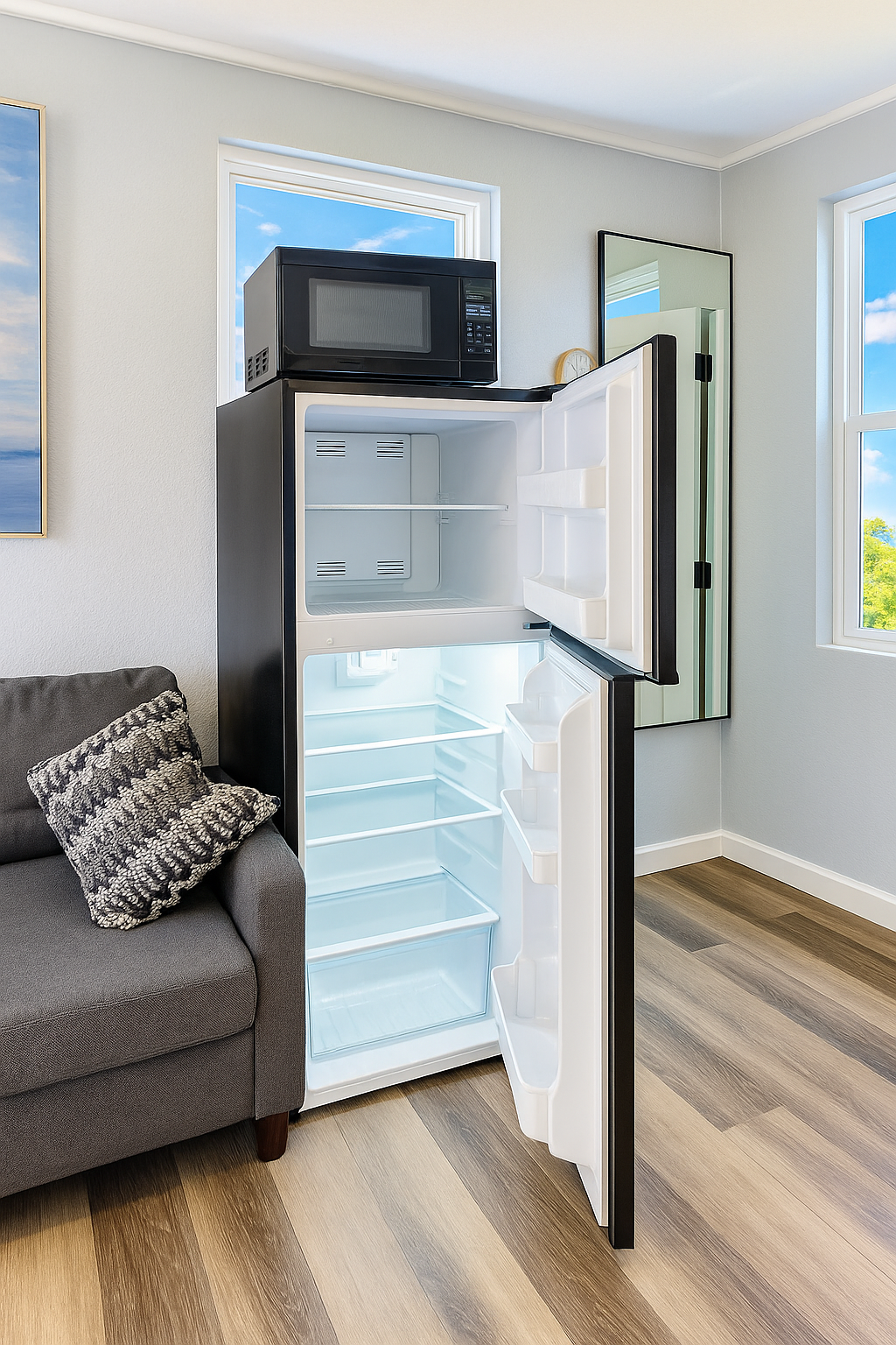 Enhanced Living area with a dark gray couch, a pillow, and an open refrigerator under a microwave, featuring a wall clock and artwork.