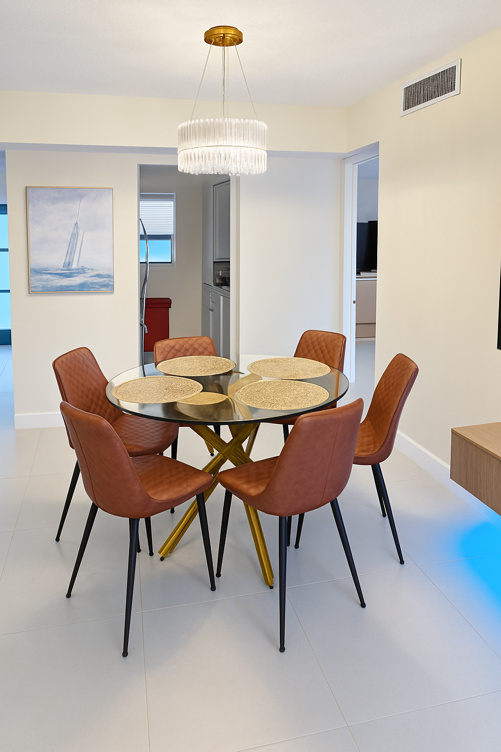 Enhanced Real estate property photo: The photo shows a modern dining area with warm tones and good natural lighting. However, the image appears slightly dim, and the colors could be enhanced to better showcase the details of the furniture. The lighting could be balanced to ensure all areas are evenly illuminated, minimizing shadows.