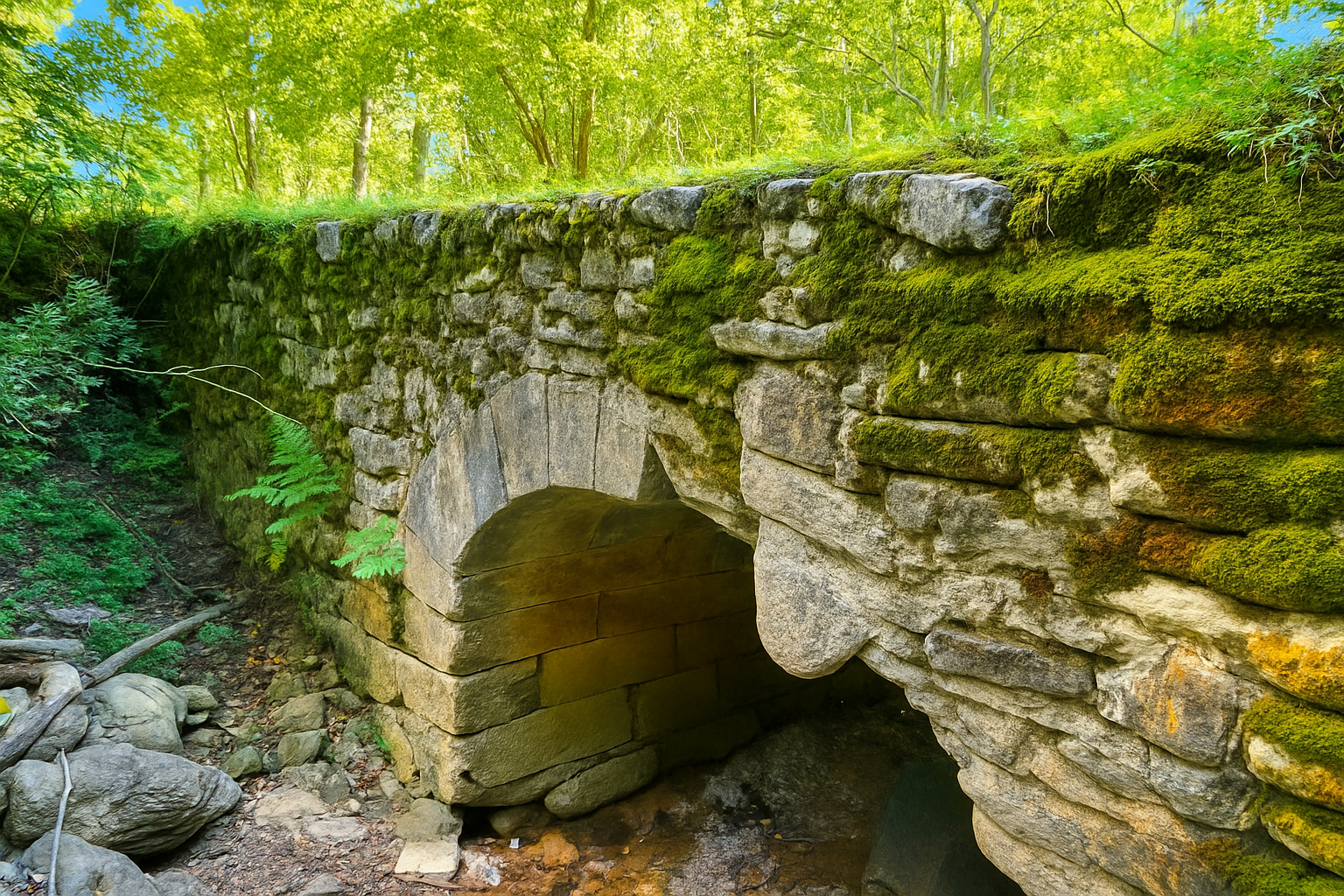 Enhanced Real estate property photo: This image features an exterior element, likely part of a historic stone structure surrounded by lush greenery. The lighting conditions are moderately bright, but the colors appear slightly muted and the shadows cast by the foliage and structure could benefit from enhancement. Adjustments will focus on improving the visibility of details while maintaining a natural look.