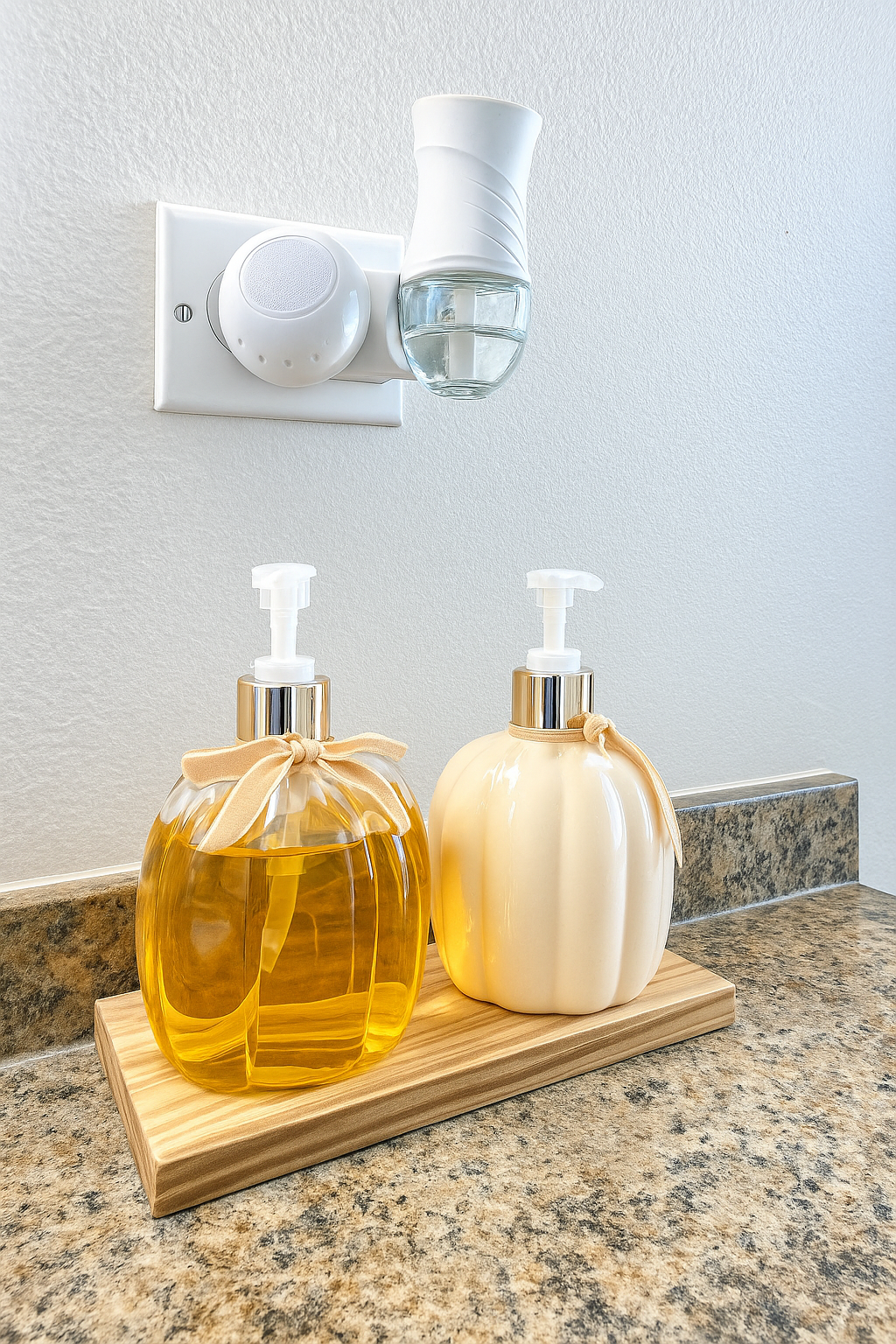 Enhanced Bathroom countertop with soap dispensers and air freshener, featuring a granite surface and wall outlet.