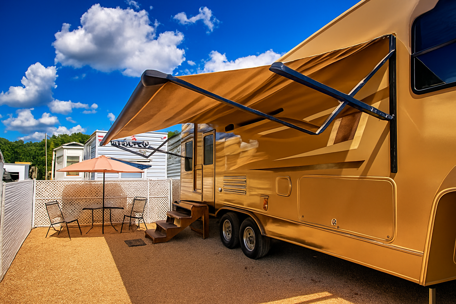 Enhanced Real estate property photo: The photo of the outdoor recreational vehicle area is well-composed with good lighting. However, the image can benefit from slight adjustments to enhance the sky’s vibrancy and ensure the vehicle's details are crisp and clear. Neutral color balance should be maintained to reflect an accurate depiction while slightly boosting the brightness and contrast.