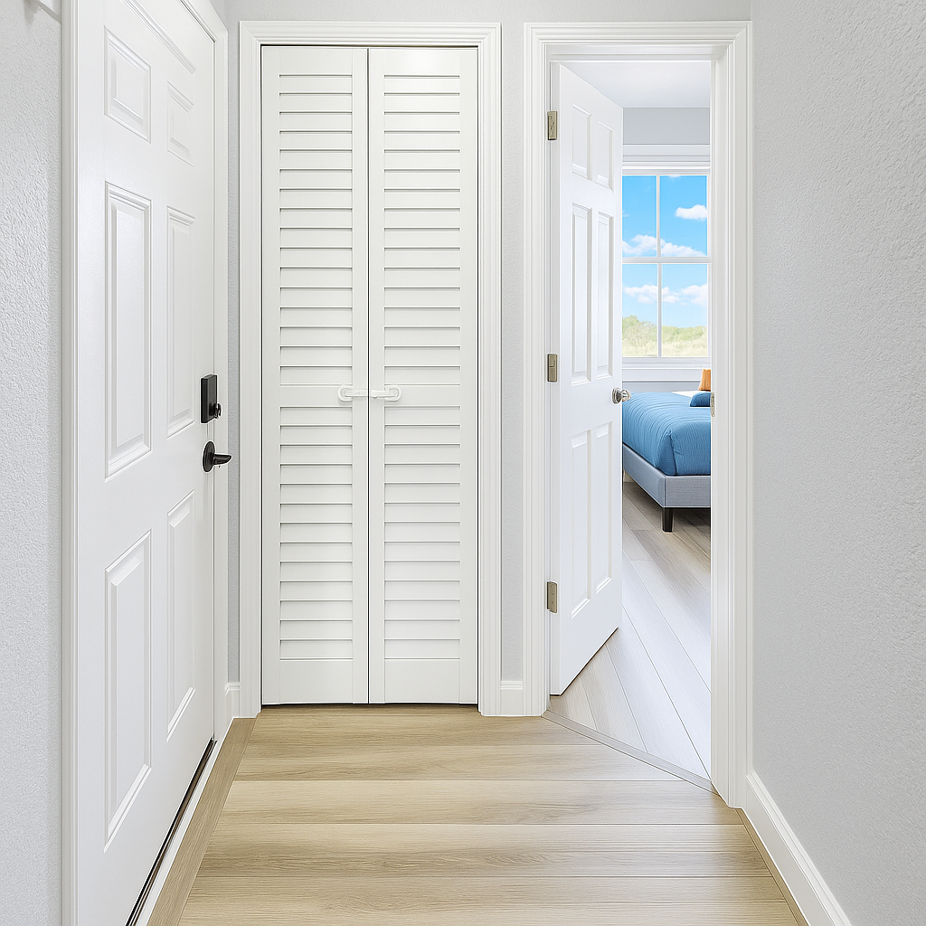 Enhanced Hallway with wooden floor leading to a bedroom, featuring a closet with louvered doors.