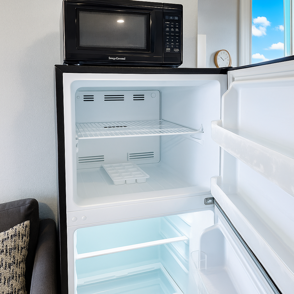 Enhanced Open refrigerator with empty shelves and ice tray, topped by a black microwave in a kitchen setting.