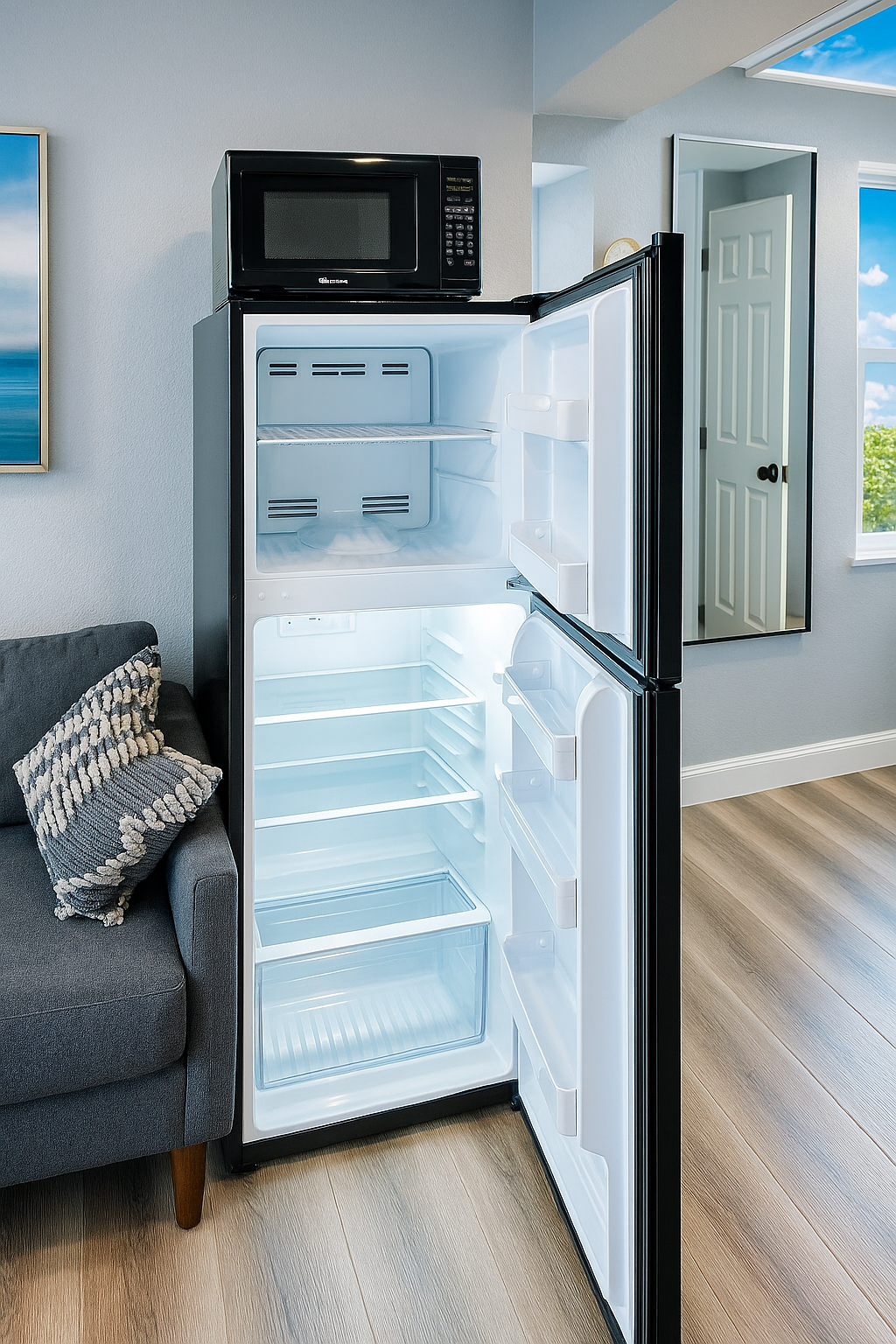 Enhanced Kitchen scene with an open black refrigerator, microwave on top, next to a gray couch with a patterned pillow.