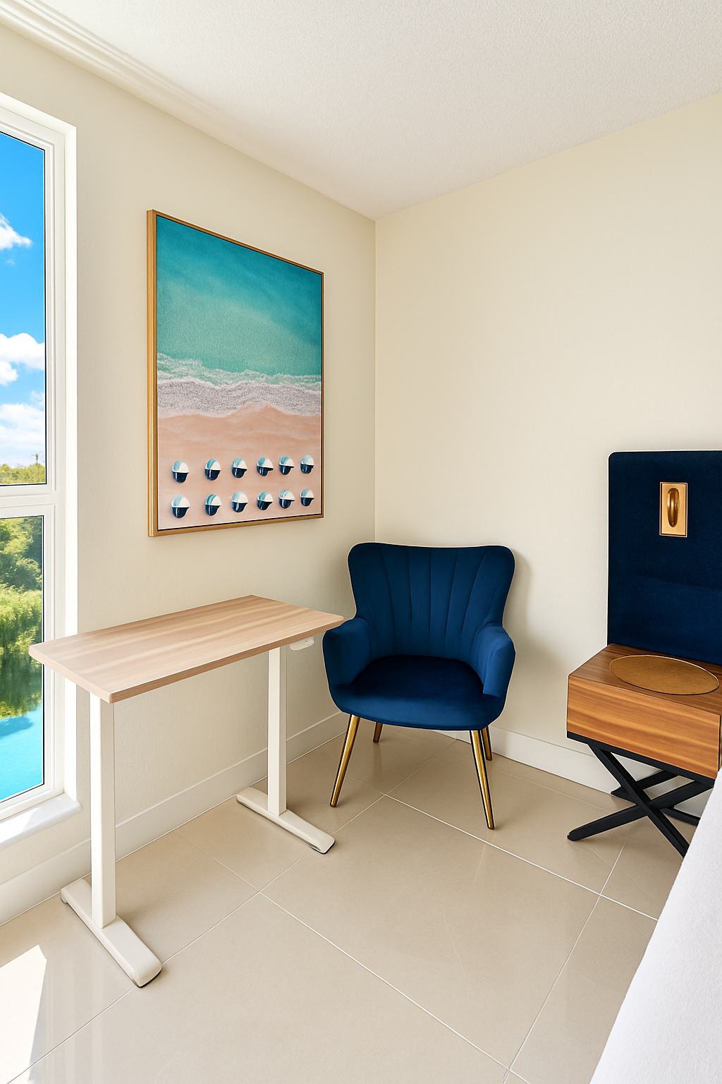 Enhanced Real estate property photo: The photo depicts a well-lit, compact corner of a room featuring minimalist furniture with neutral tones and a splash of color from the artwork and chair. The lighting is generally balanced, though the room could benefit from slight enhancement in contrast and sharpness to improve clarity and detail. Shadows are minimal, and the color balance appears naturally neutral.