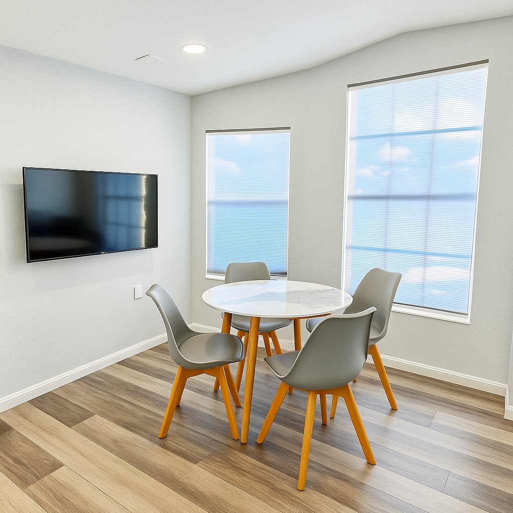Enhanced Dining nook with gray chairs, round table, wall-mounted TV, and large windows with shades.