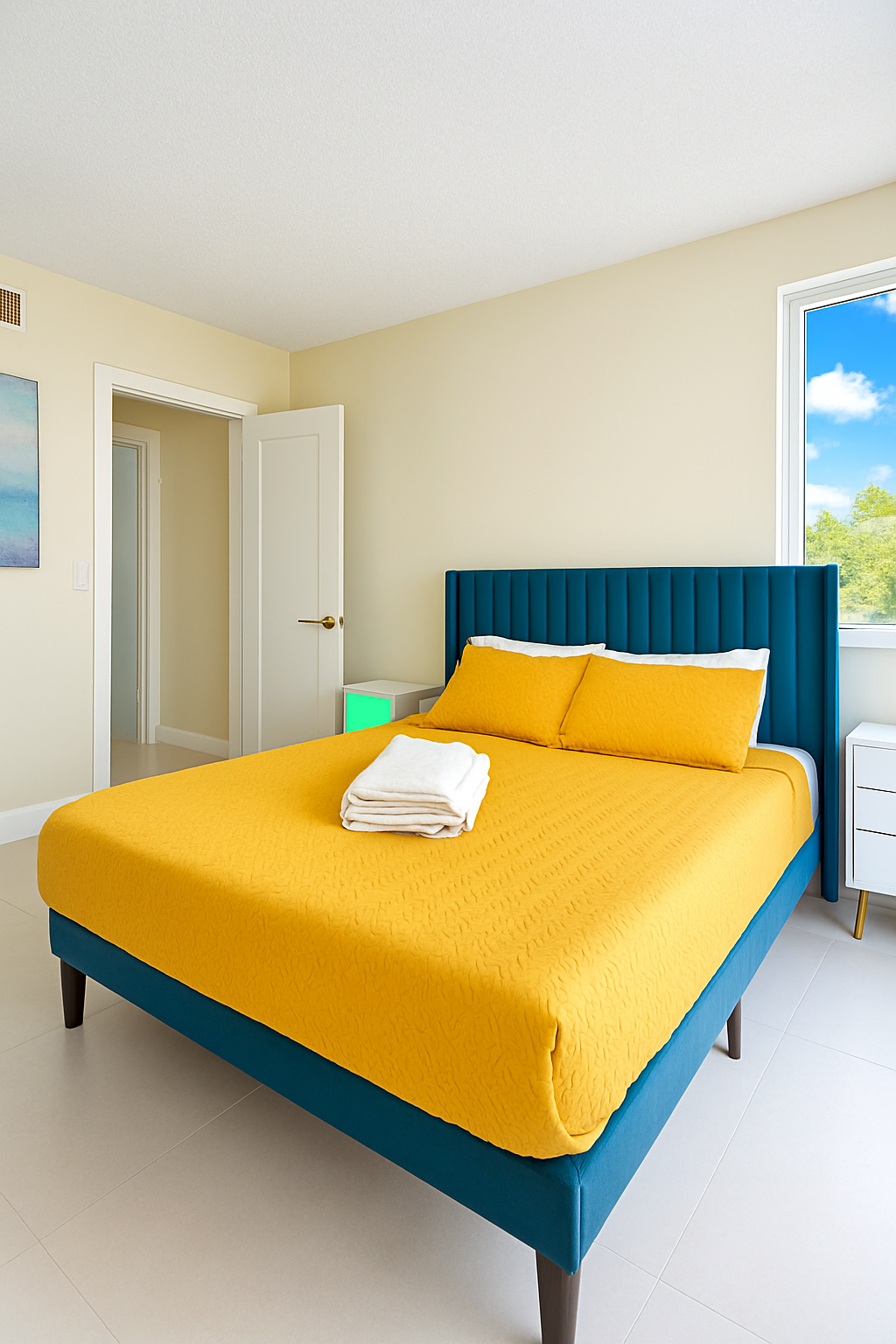 Enhanced Real estate property photo: The bedroom photo features a yellow bedspread on a blue bed against light-colored walls. The image suffers from slightly dull lighting, particularly in the corners, and has a cool color cast. Enhancements will focus on improving brightness and contrast to highlight details while maintaining a realistic look in line with MLS requirements.