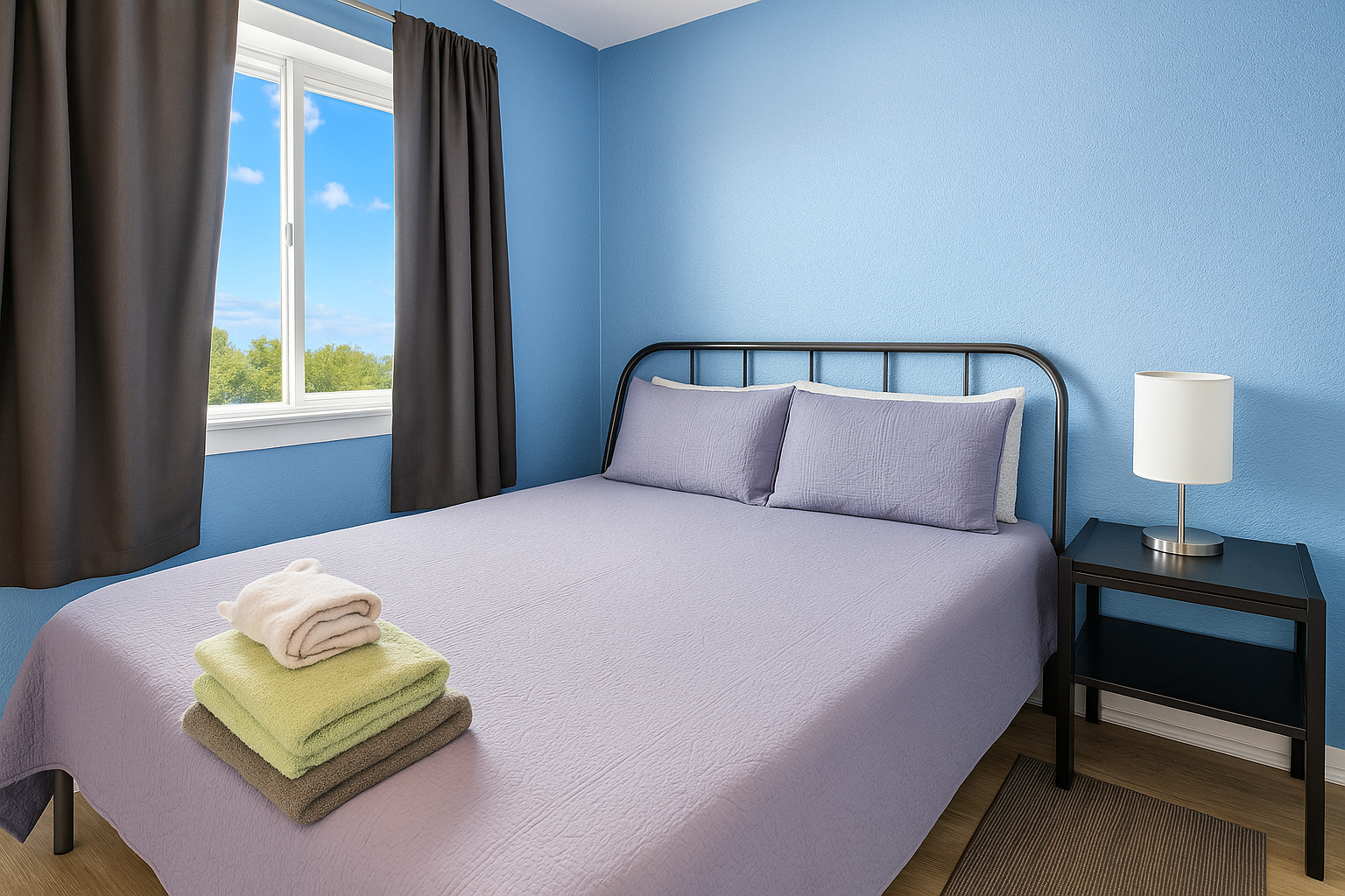 Enhanced Bedroom with a metal-framed bed, blue walls, and a side table with a lamp.