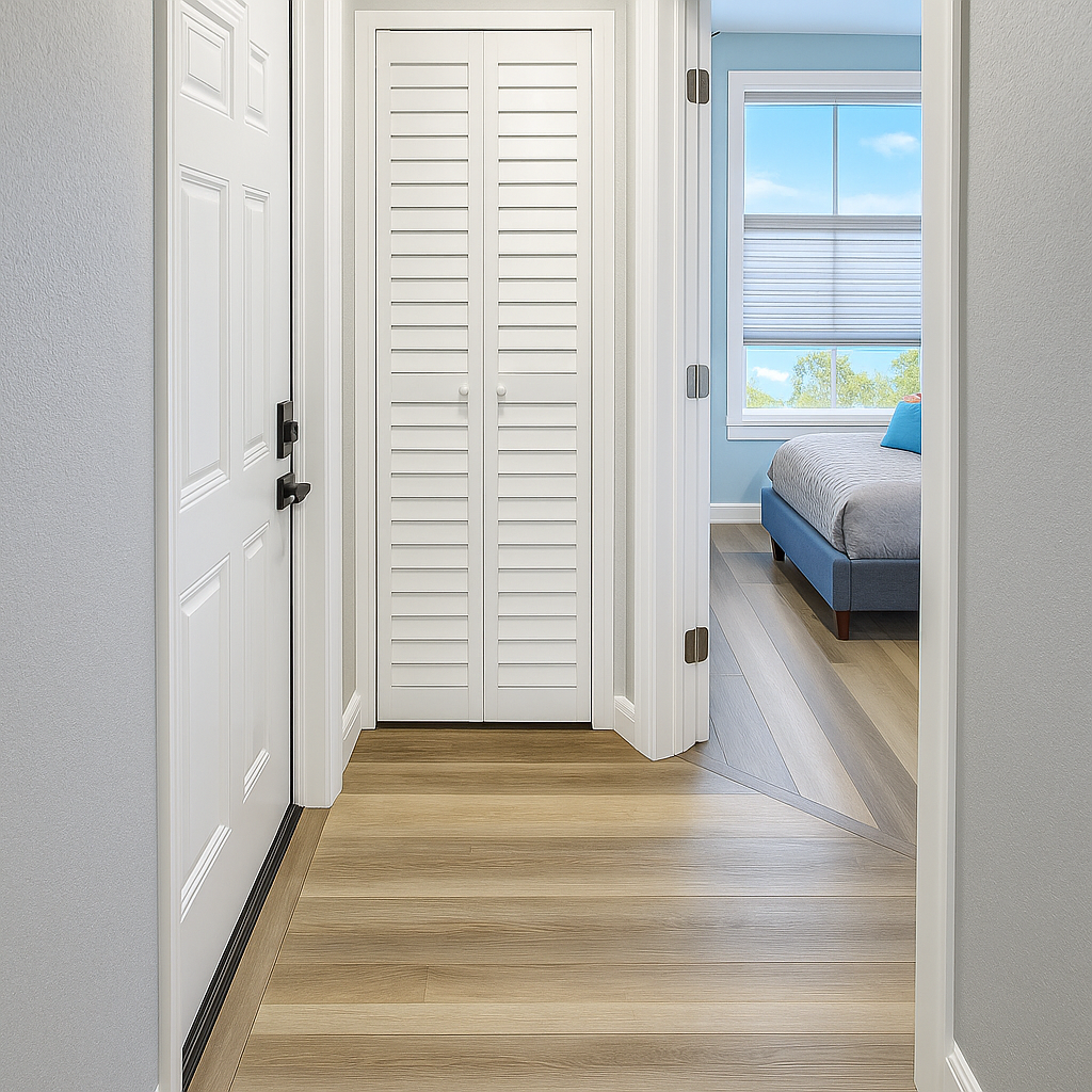 Enhanced Hallway with wooden flooring, leading to a bedroom with a bed, showing white doors and a closet.
