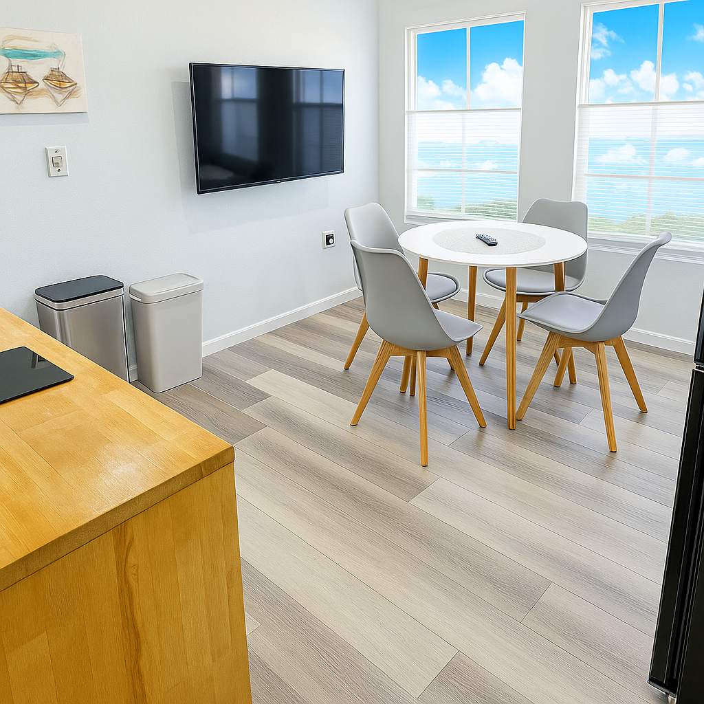 Enhanced Dining area with four chairs, a round table, and a wall-mounted TV under natural lighting.